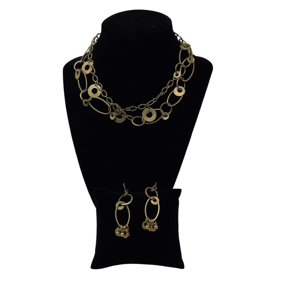 Premier Designs Necklace Earrings Set Womens Gold Tone Oval Link Disc Dangle